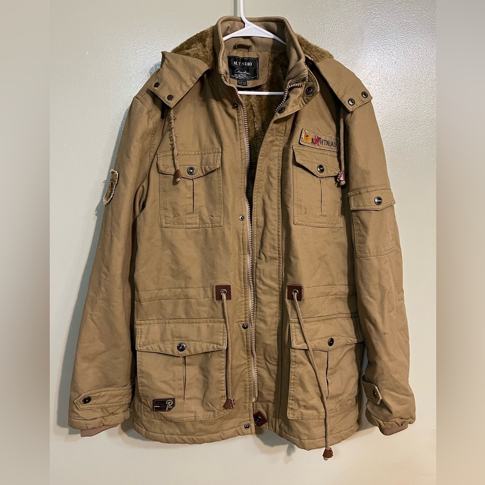 H T Niao Men’s Beige Full Zip Military Shepa Lined Hoodie Jacket L